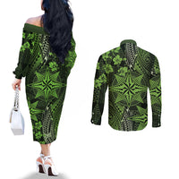 Vintage Tonga Tribal Ngatu Pattern Couples Matching Off The Shoulder Long Sleeve Dress and Long Sleeve Button Shirt With Pacific Floral Lime Green Art LT9 - Polynesian Pride