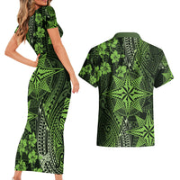 Vintage Tonga Tribal Ngatu Pattern Couples Matching Short Sleeve Bodycon Dress and Hawaiian Shirt With Pacific Floral Lime Green Art LT9 - Polynesian Pride