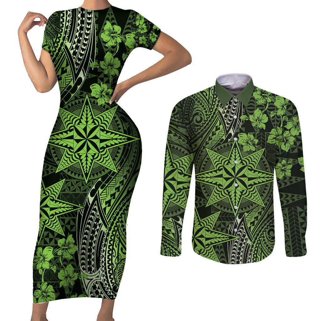 Vintage Tonga Tribal Ngatu Pattern Couples Matching Short Sleeve Bodycon Dress and Long Sleeve Button Shirt With Pacific Floral Lime Green Art LT9 Lime Green - Polynesian Pride
