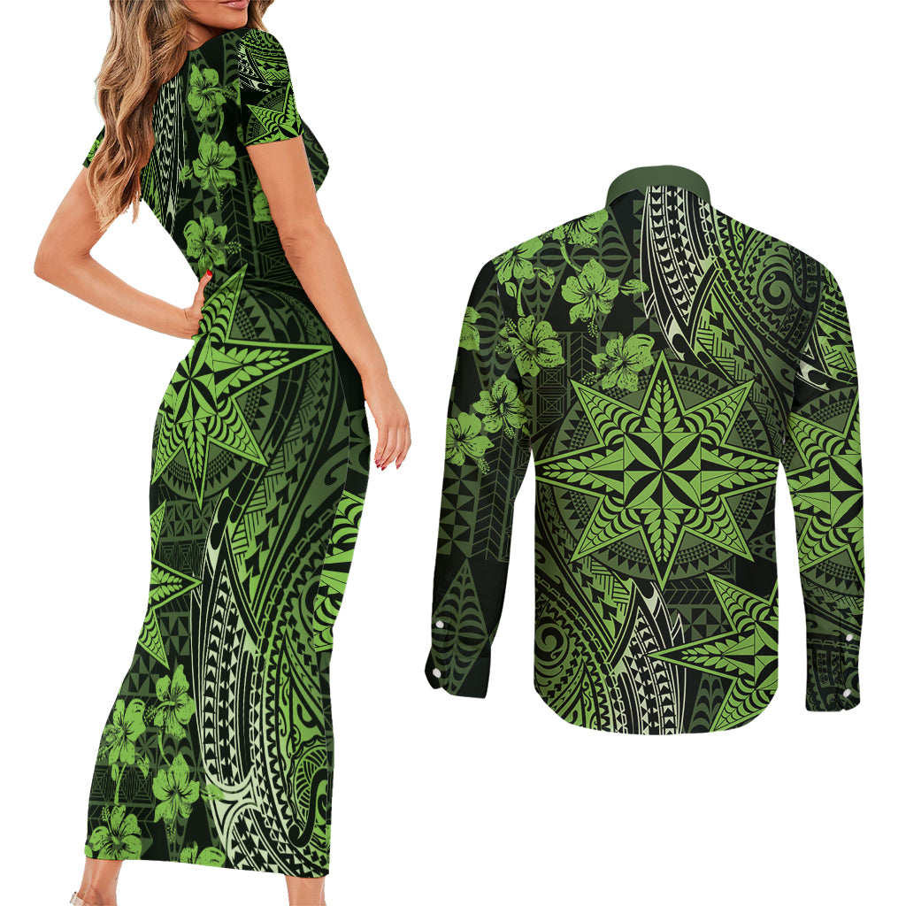 Vintage Tonga Tribal Ngatu Pattern Couples Matching Short Sleeve Bodycon Dress and Long Sleeve Button Shirt With Pacific Floral Lime Green Art LT9 - Polynesian Pride