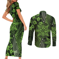 Vintage Tonga Tribal Ngatu Pattern Couples Matching Short Sleeve Bodycon Dress and Long Sleeve Button Shirt With Pacific Floral Lime Green Art LT9 - Polynesian Pride