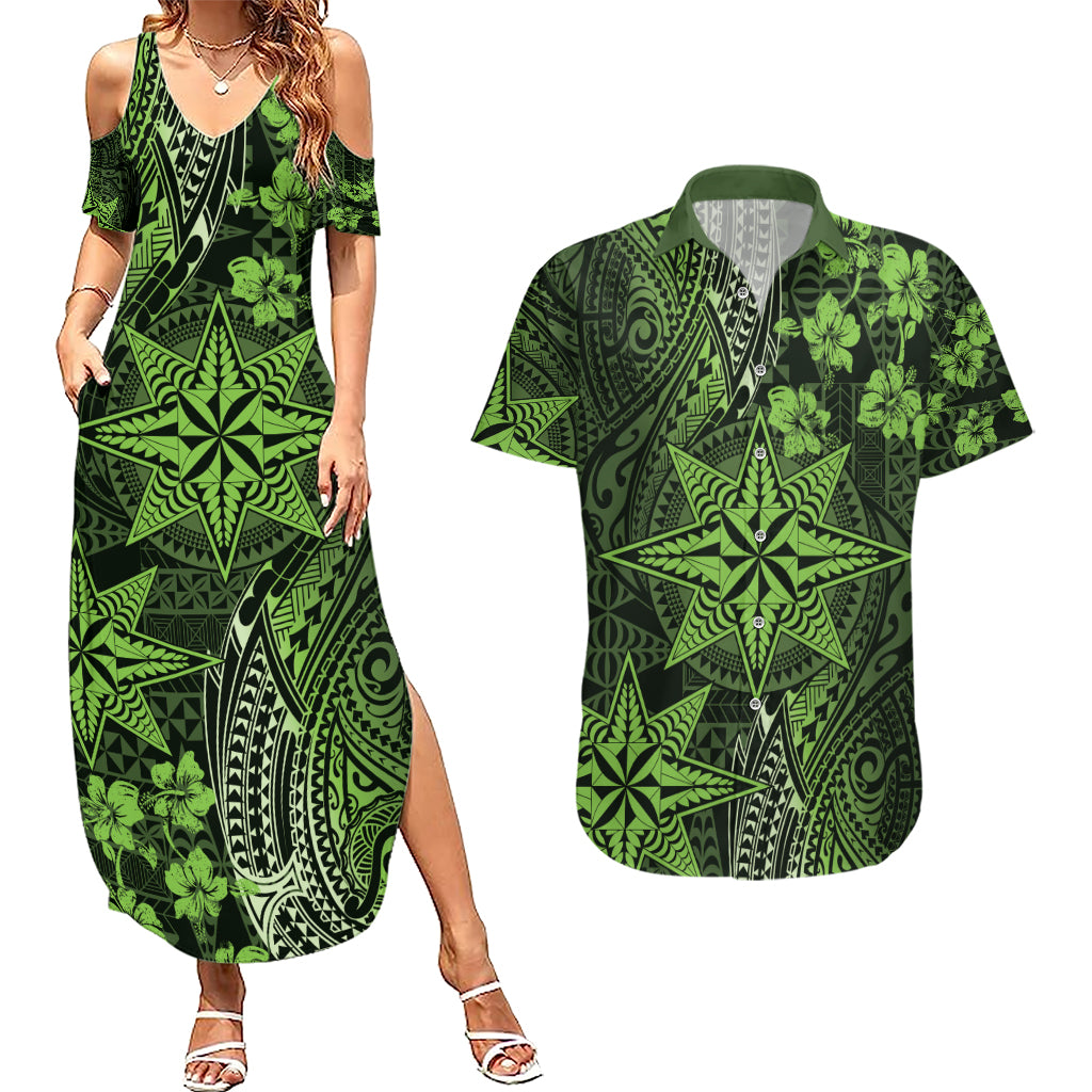Vintage Tonga Tribal Ngatu Pattern Couples Matching Summer Maxi Dress and Hawaiian Shirt With Pacific Floral Lime Green Art LT9 Lime Green - Polynesian Pride