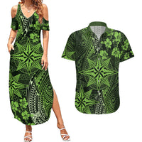 Vintage Tonga Tribal Ngatu Pattern Couples Matching Summer Maxi Dress and Hawaiian Shirt With Pacific Floral Lime Green Art LT9 Lime Green - Polynesian Pride