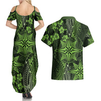 Vintage Tonga Tribal Ngatu Pattern Couples Matching Summer Maxi Dress and Hawaiian Shirt With Pacific Floral Lime Green Art LT9 - Polynesian Pride