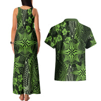 Vintage Tonga Tribal Ngatu Pattern Couples Matching Tank Maxi Dress and Hawaiian Shirt With Pacific Floral Lime Green Art LT9 - Polynesian Pride