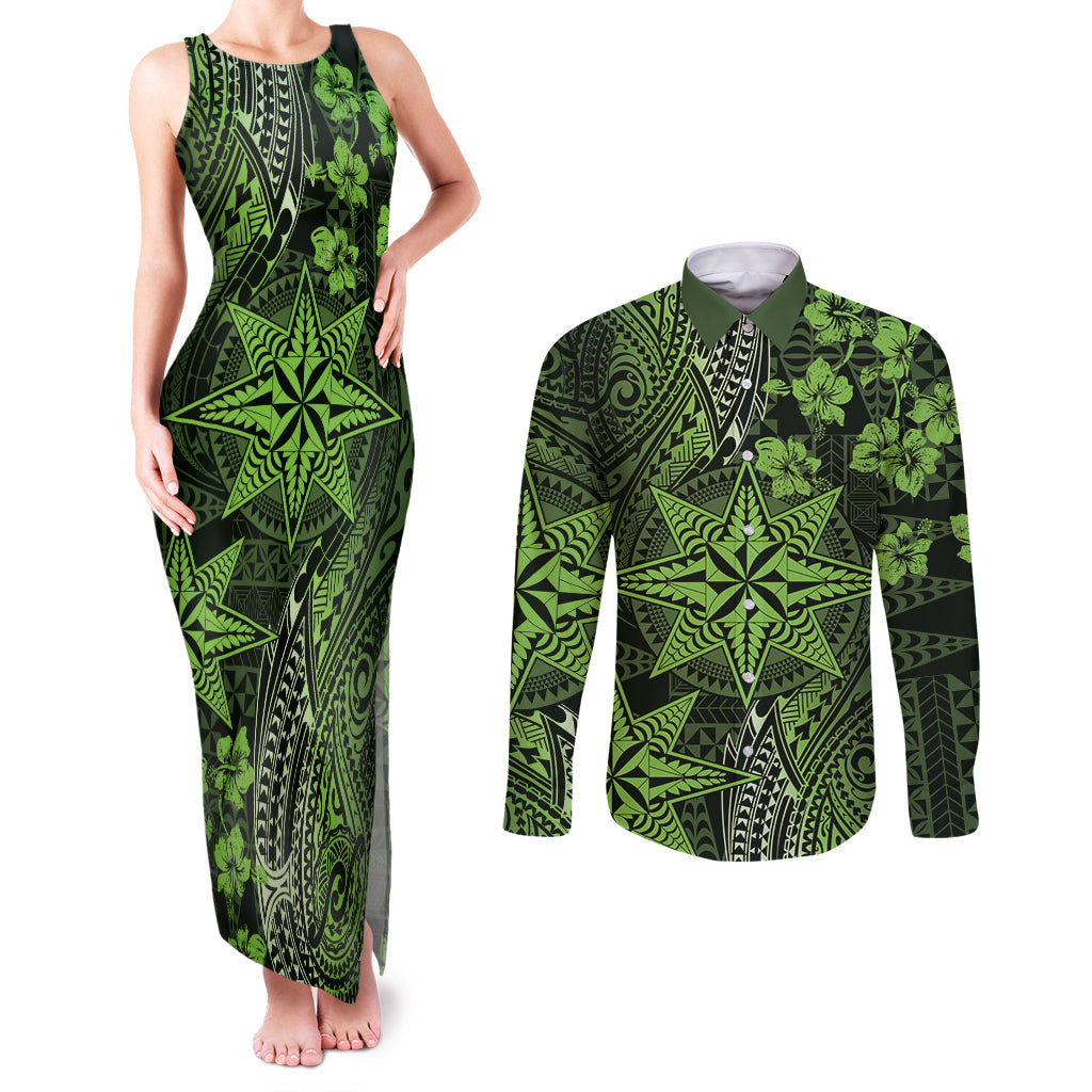 Vintage Tonga Tribal Ngatu Pattern Couples Matching Tank Maxi Dress and Long Sleeve Button Shirt With Pacific Floral Lime Green Art LT9 Lime Green - Polynesian Pride