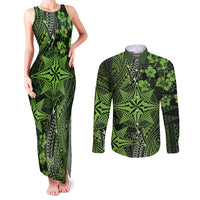 Vintage Tonga Tribal Ngatu Pattern Couples Matching Tank Maxi Dress and Long Sleeve Button Shirt With Pacific Floral Lime Green Art LT9 Lime Green - Polynesian Pride