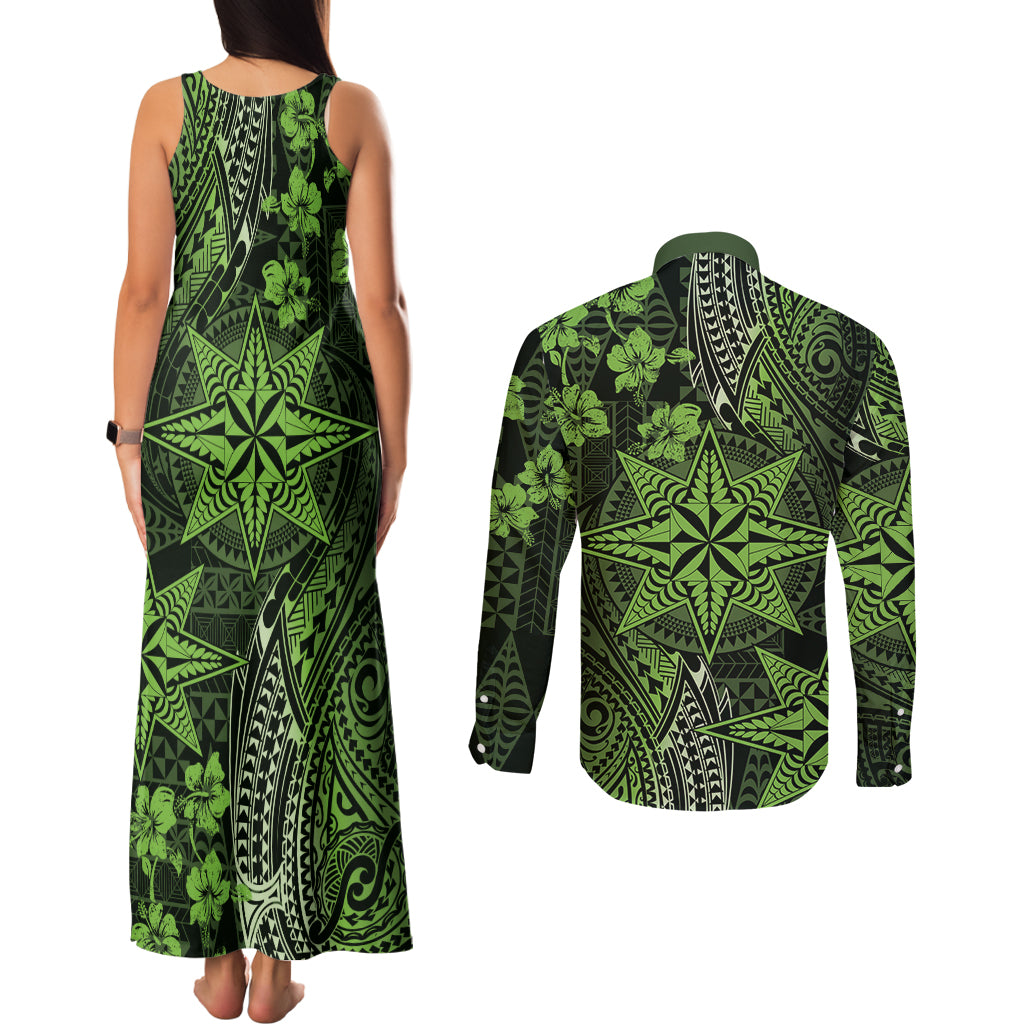 Vintage Tonga Tribal Ngatu Pattern Couples Matching Tank Maxi Dress and Long Sleeve Button Shirt With Pacific Floral Lime Green Art LT9 - Polynesian Pride