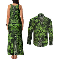 Vintage Tonga Tribal Ngatu Pattern Couples Matching Tank Maxi Dress and Long Sleeve Button Shirt With Pacific Floral Lime Green Art LT9 - Polynesian Pride