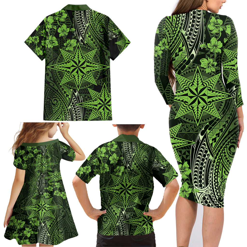 Vintage Tonga Tribal Ngatu Pattern Family Matching Long Sleeve Bodycon Dress and Hawaiian Shirt With Pacific Floral Lime Green Art LT9 - Polynesian Pride