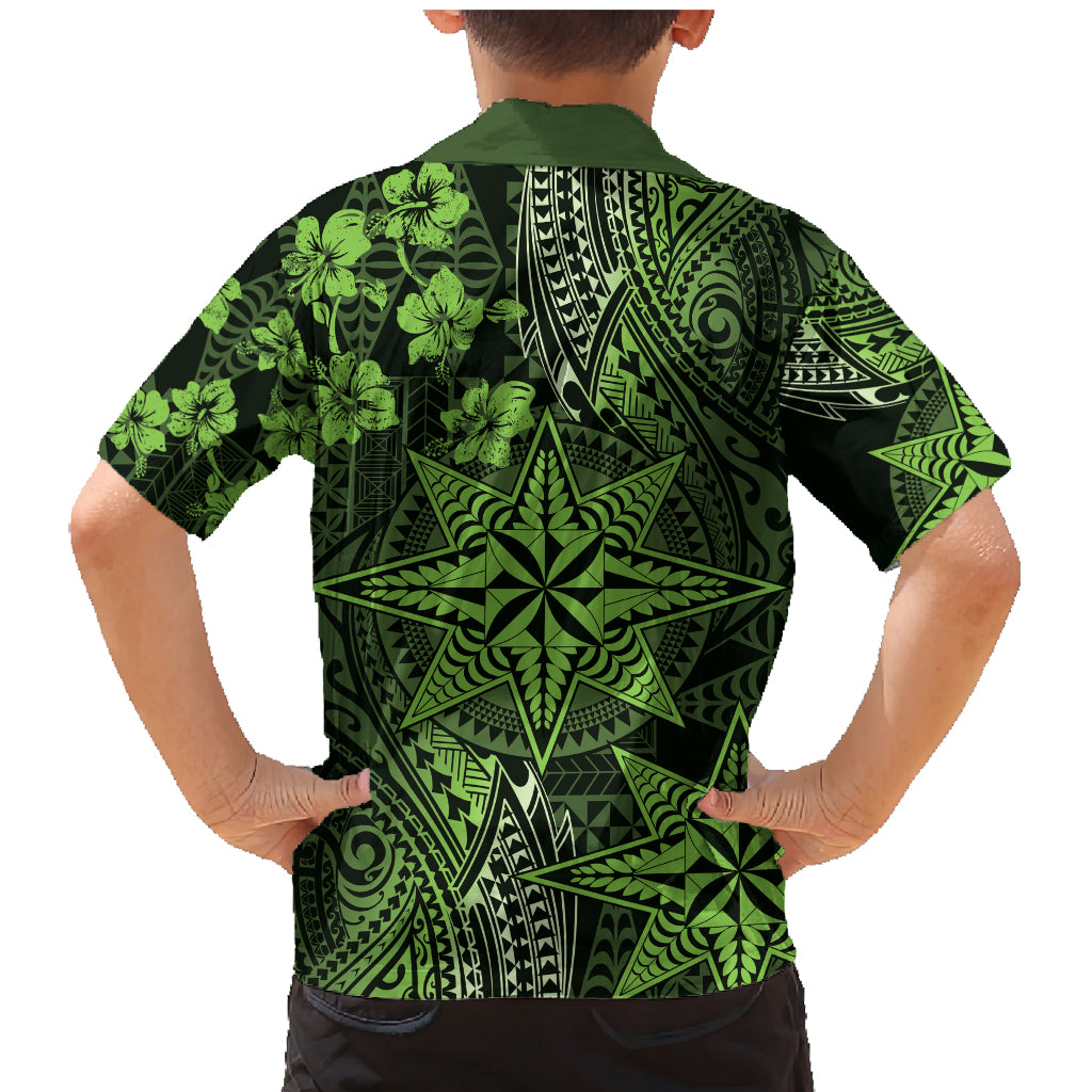 Vintage Tonga Tribal Ngatu Pattern Family Matching Mermaid Dress and Hawaiian Shirt With Pacific Floral Lime Green Art LT9 - Polynesian Pride