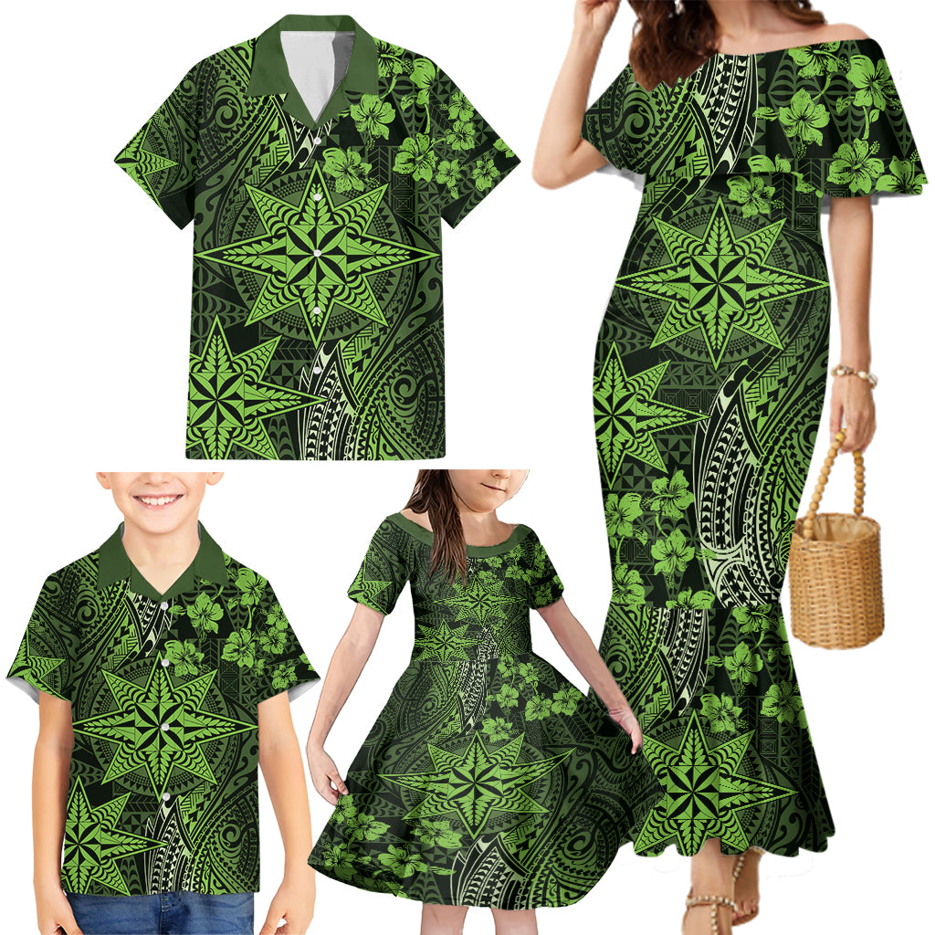 Vintage Tonga Tribal Ngatu Pattern Family Matching Mermaid Dress and Hawaiian Shirt With Pacific Floral Lime Green Art LT9 - Polynesian Pride