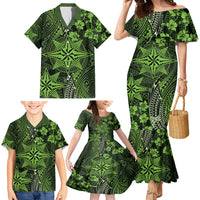 Vintage Tonga Tribal Ngatu Pattern Family Matching Mermaid Dress and Hawaiian Shirt With Pacific Floral Lime Green Art LT9 - Polynesian Pride