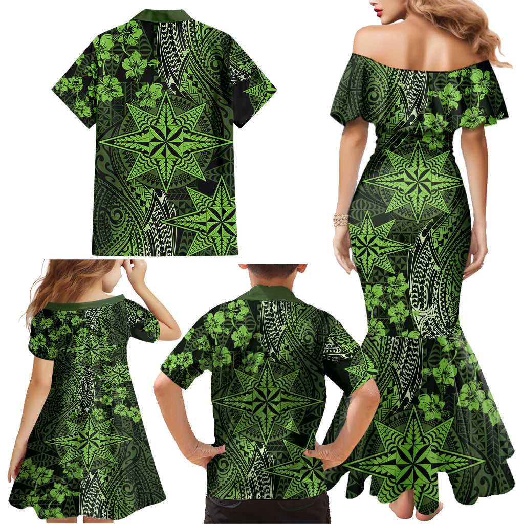 Vintage Tonga Tribal Ngatu Pattern Family Matching Mermaid Dress and Hawaiian Shirt With Pacific Floral Lime Green Art LT9 - Polynesian Pride