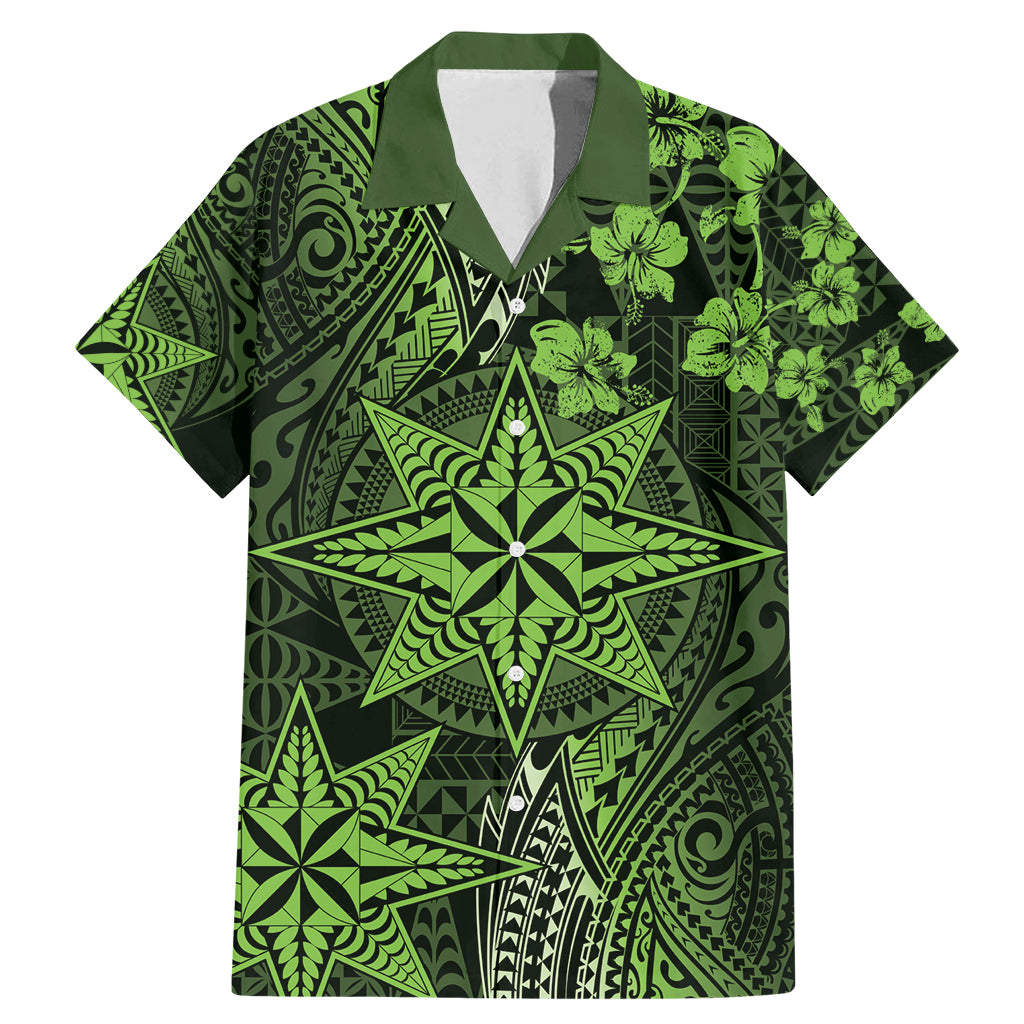 Vintage Tonga Tribal Ngatu Pattern Family Matching Mermaid Dress and Hawaiian Shirt With Pacific Floral Lime Green Art LT9 Dad's Shirt - Short Sleeve Lime Green - Polynesian Pride