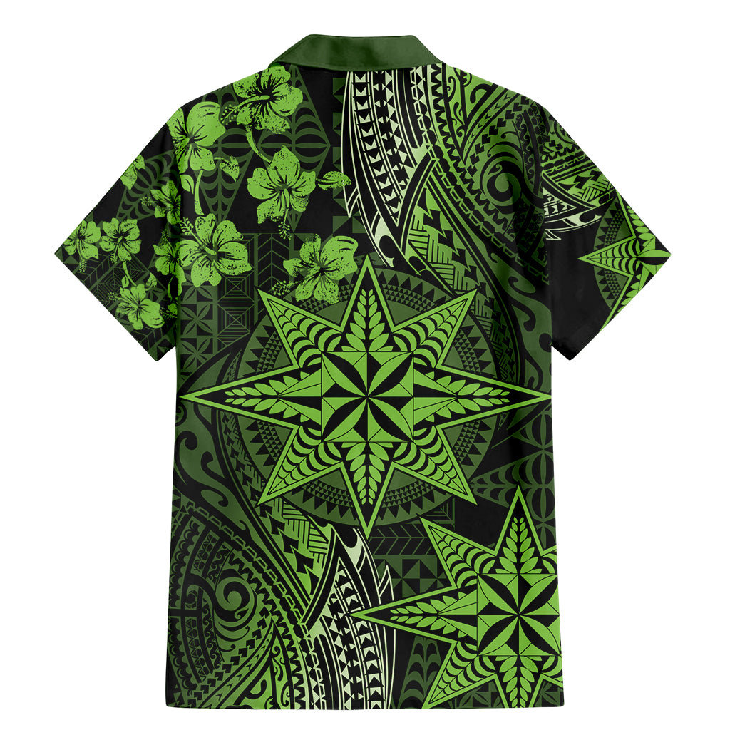 Vintage Tonga Tribal Ngatu Pattern Family Matching Mermaid Dress and Hawaiian Shirt With Pacific Floral Lime Green Art LT9 - Polynesian Pride