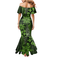 Vintage Tonga Tribal Ngatu Pattern Family Matching Mermaid Dress and Hawaiian Shirt With Pacific Floral Lime Green Art LT9 - Polynesian Pride