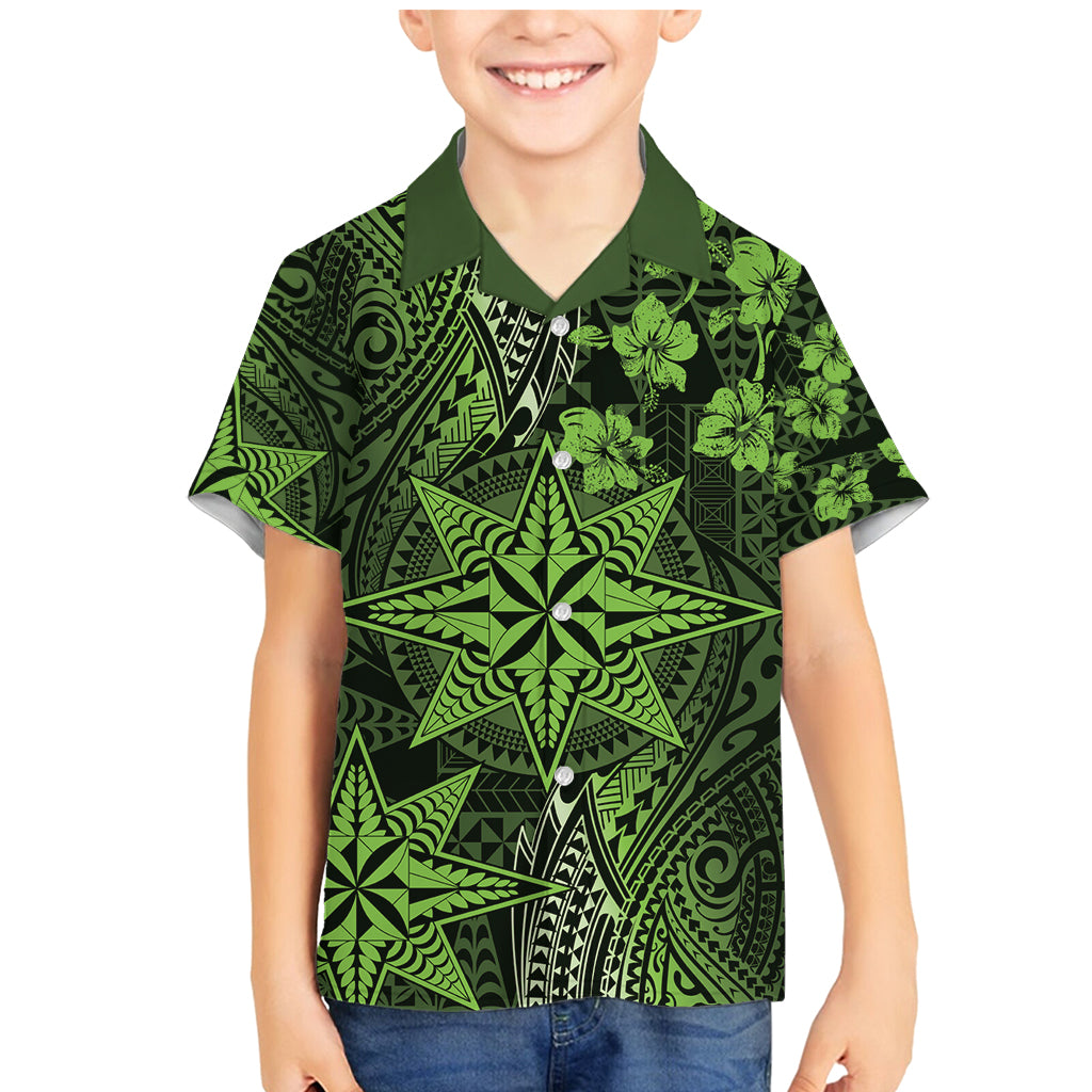 Vintage Tonga Tribal Ngatu Pattern Family Matching Mermaid Dress and Hawaiian Shirt With Pacific Floral Lime Green Art LT9 Son's Shirt Lime Green - Polynesian Pride
