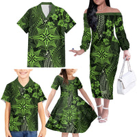 Vintage Tonga Tribal Ngatu Pattern Family Matching Off The Shoulder Long Sleeve Dress and Hawaiian Shirt With Pacific Floral Lime Green Art LT9 - Polynesian Pride