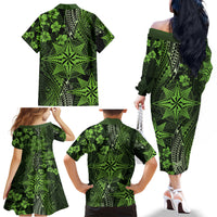 Vintage Tonga Tribal Ngatu Pattern Family Matching Off The Shoulder Long Sleeve Dress and Hawaiian Shirt With Pacific Floral Lime Green Art LT9 - Polynesian Pride