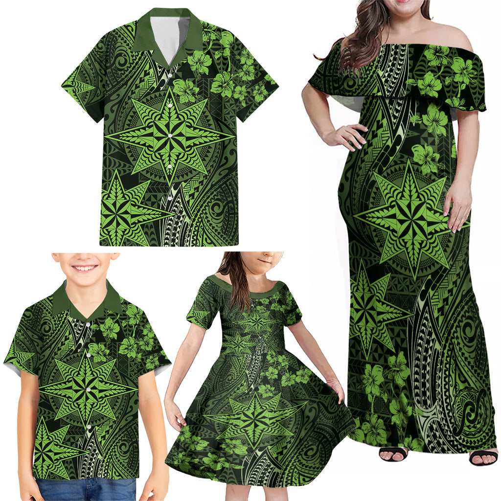 Vintage Tonga Tribal Ngatu Pattern Family Matching Off Shoulder Maxi Dress and Hawaiian Shirt With Pacific Floral Lime Green Art LT9 - Polynesian Pride