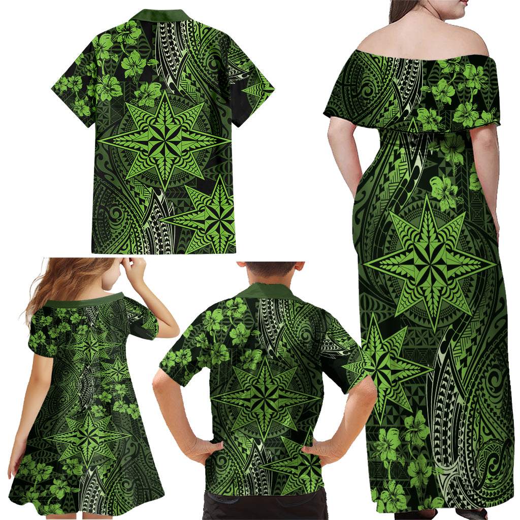 Vintage Tonga Tribal Ngatu Pattern Family Matching Off Shoulder Maxi Dress and Hawaiian Shirt With Pacific Floral Lime Green Art LT9 - Polynesian Pride