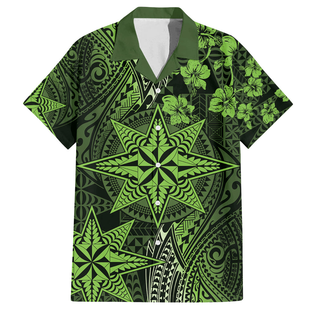 Vintage Tonga Tribal Ngatu Pattern Family Matching Off Shoulder Maxi Dress and Hawaiian Shirt With Pacific Floral Lime Green Art LT9 Dad's Shirt - Short Sleeve Lime Green - Polynesian Pride