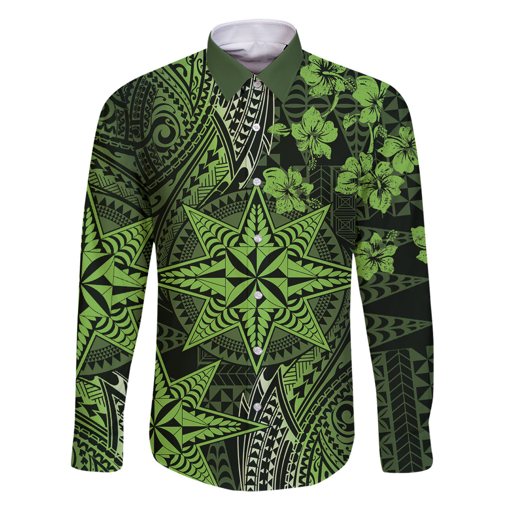 Vintage Tonga Tribal Ngatu Pattern Family Matching Off Shoulder Maxi Dress and Hawaiian Shirt With Pacific Floral Lime Green Art LT9 Dad's Shirt - Long Sleeve Lime Green - Polynesian Pride