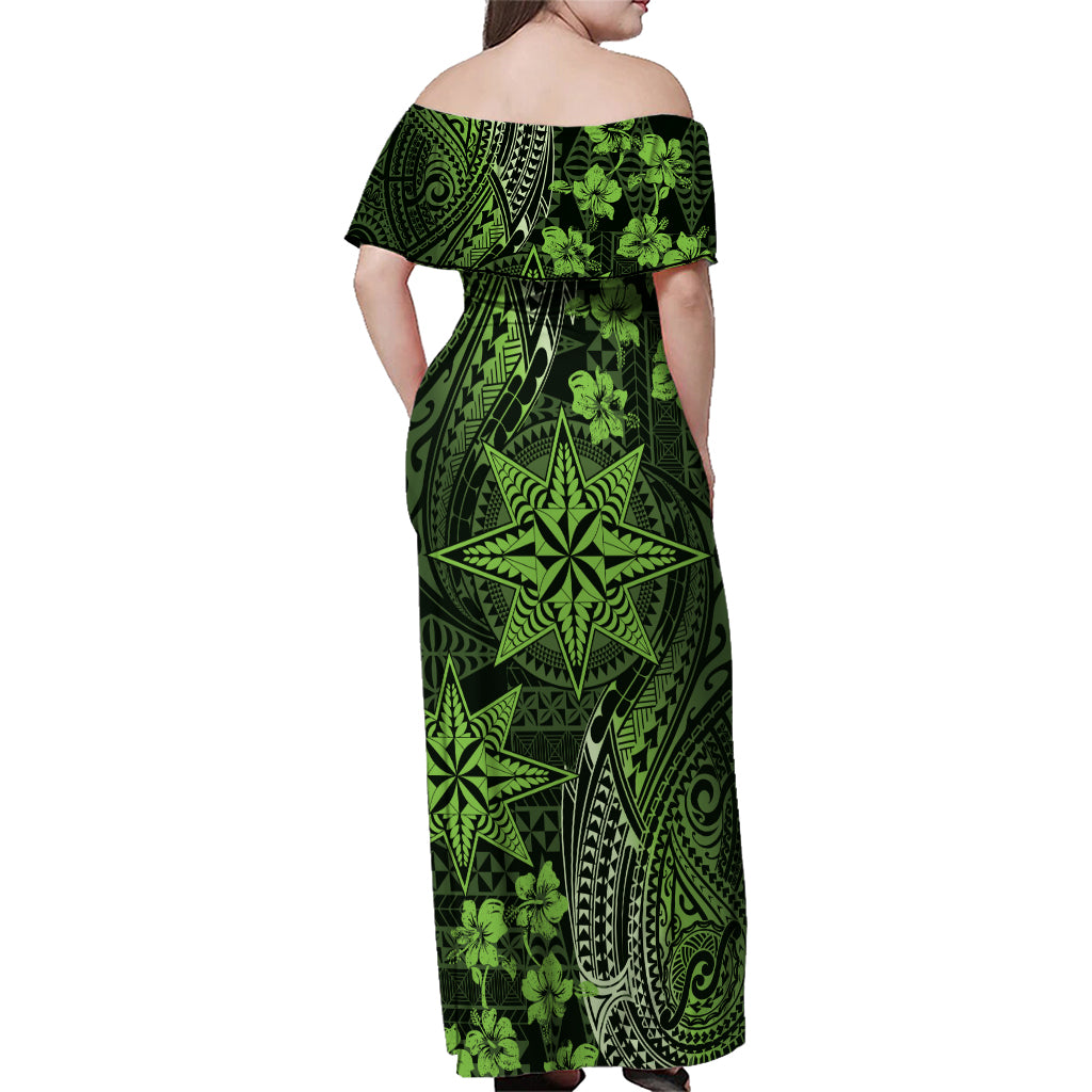 Vintage Tonga Tribal Ngatu Pattern Family Matching Off Shoulder Maxi Dress and Hawaiian Shirt With Pacific Floral Lime Green Art LT9 - Polynesian Pride