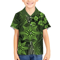 Vintage Tonga Tribal Ngatu Pattern Family Matching Off Shoulder Maxi Dress and Hawaiian Shirt With Pacific Floral Lime Green Art LT9 Son's Shirt Lime Green - Polynesian Pride