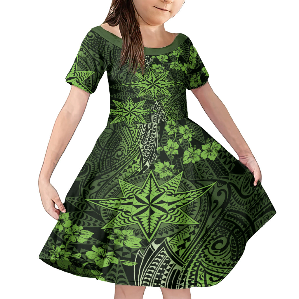 Vintage Tonga Tribal Ngatu Pattern Family Matching Off Shoulder Short Dress and Hawaiian Shirt With Pacific Floral Lime Green Art LT9 Daughter's Dress Lime Green - Polynesian Pride