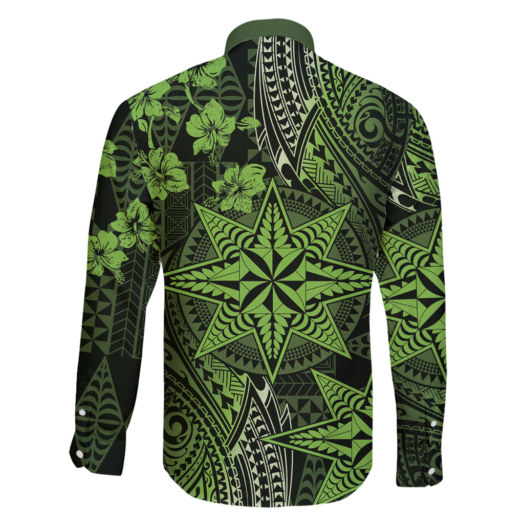 Vintage Tonga Tribal Ngatu Pattern Family Matching Off Shoulder Short Dress and Hawaiian Shirt With Pacific Floral Lime Green Art LT9 - Polynesian Pride