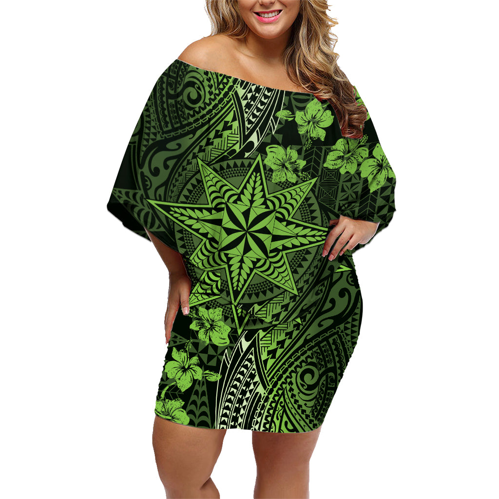 Vintage Tonga Tribal Ngatu Pattern Family Matching Off Shoulder Short Dress and Hawaiian Shirt With Pacific Floral Lime Green Art LT9 Mom's Dress Lime Green - Polynesian Pride