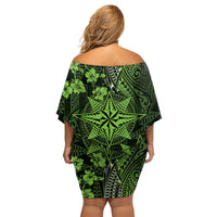 Vintage Tonga Tribal Ngatu Pattern Family Matching Off Shoulder Short Dress and Hawaiian Shirt With Pacific Floral Lime Green Art LT9 - Polynesian Pride