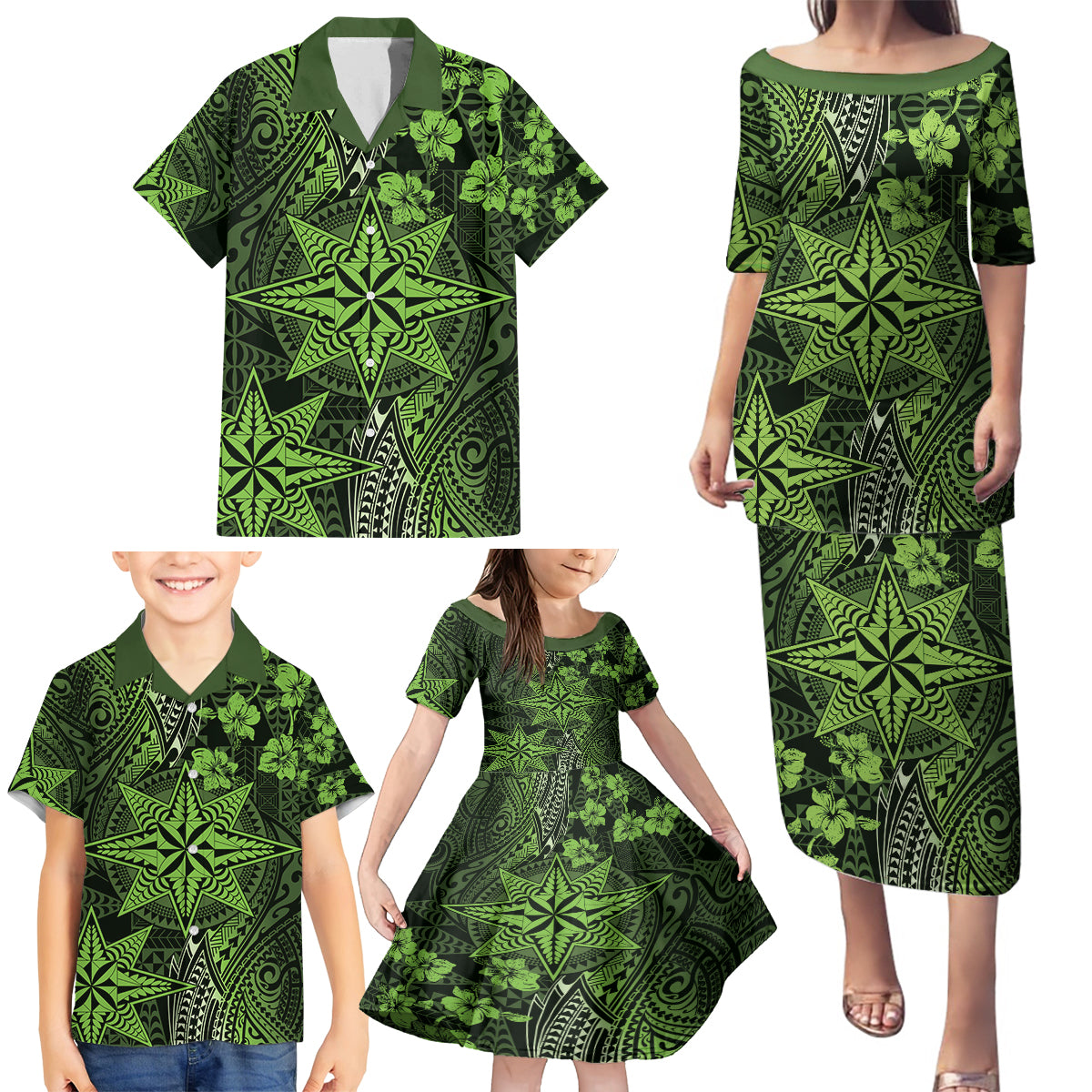 Vintage Tonga Tribal Ngatu Pattern Family Matching Puletasi and Hawaiian Shirt With Pacific Floral Lime Green Art LT9 - Polynesian Pride