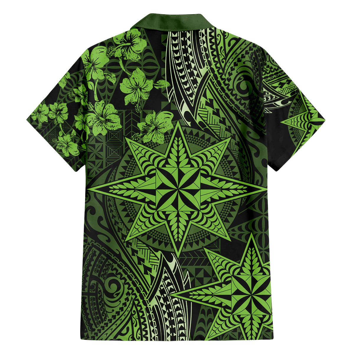 Vintage Tonga Tribal Ngatu Pattern Family Matching Puletasi and Hawaiian Shirt With Pacific Floral Lime Green Art LT9 - Polynesian Pride