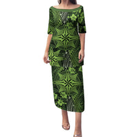 Vintage Tonga Tribal Ngatu Pattern Family Matching Puletasi and Hawaiian Shirt With Pacific Floral Lime Green Art LT9 Mom's Dress Lime Green - Polynesian Pride