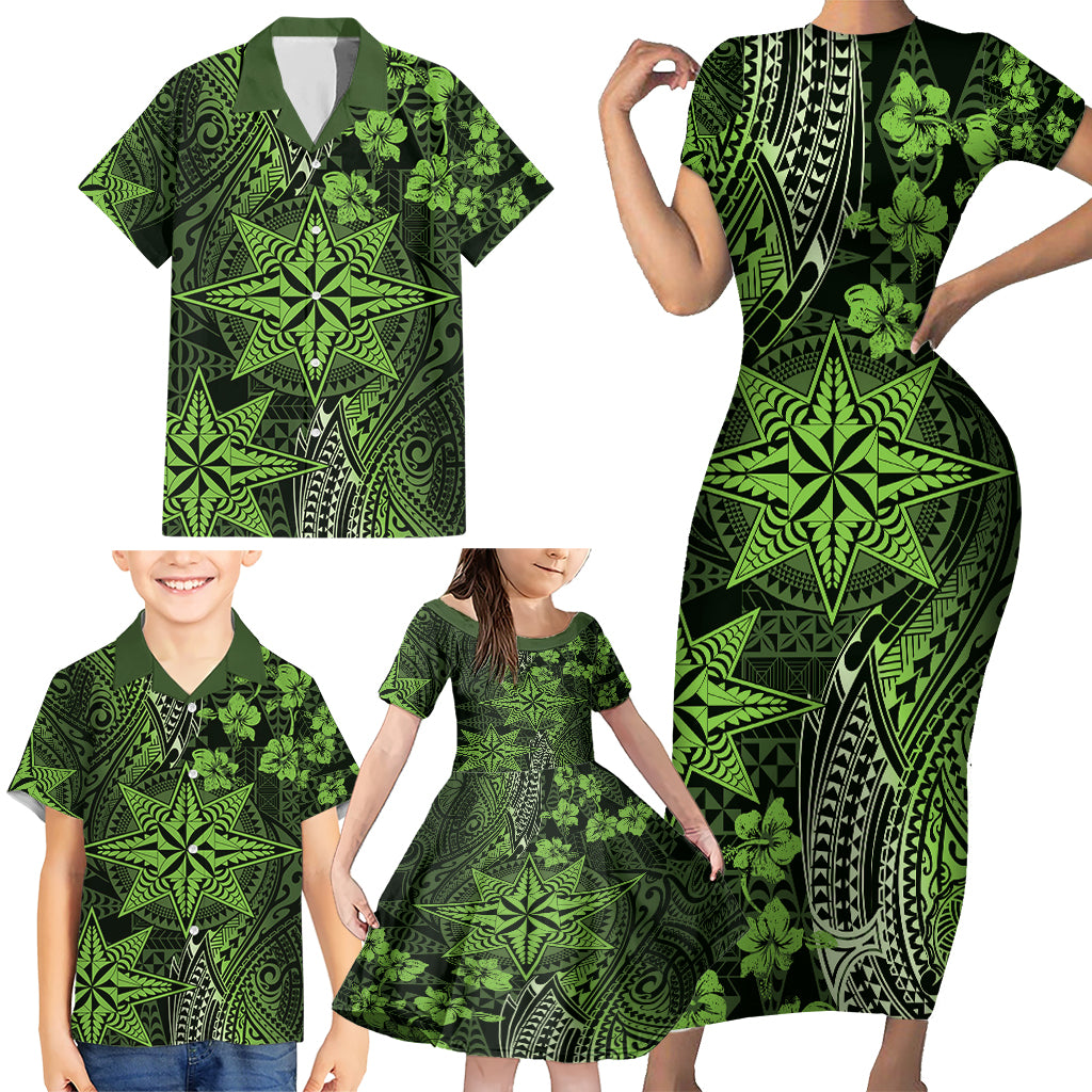 Vintage Tonga Tribal Ngatu Pattern Family Matching Short Sleeve Bodycon Dress and Hawaiian Shirt With Pacific Floral Lime Green Art LT9 - Polynesian Pride