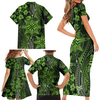 Vintage Tonga Tribal Ngatu Pattern Family Matching Short Sleeve Bodycon Dress and Hawaiian Shirt With Pacific Floral Lime Green Art LT9 - Polynesian Pride