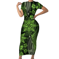 Vintage Tonga Tribal Ngatu Pattern Family Matching Short Sleeve Bodycon Dress and Hawaiian Shirt With Pacific Floral Lime Green Art LT9 Mom's Dress Lime Green - Polynesian Pride