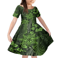 Vintage Tonga Tribal Ngatu Pattern Family Matching Summer Maxi Dress and Hawaiian Shirt With Pacific Floral Lime Green Art LT9 Daughter's Dress Lime Green - Polynesian Pride