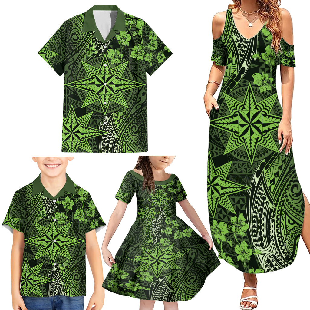 Vintage Tonga Tribal Ngatu Pattern Family Matching Summer Maxi Dress and Hawaiian Shirt With Pacific Floral Lime Green Art LT9 - Polynesian Pride