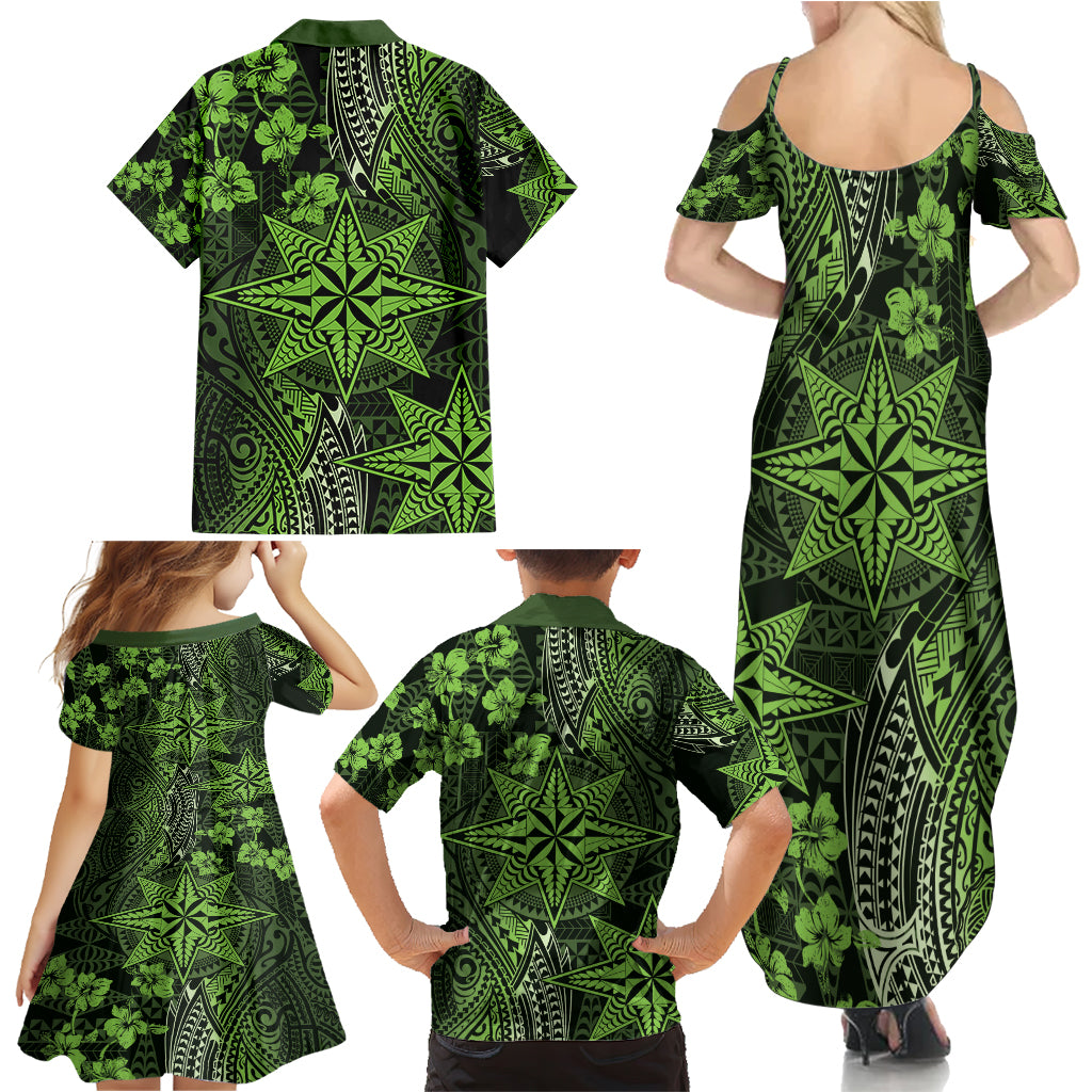 Vintage Tonga Tribal Ngatu Pattern Family Matching Summer Maxi Dress and Hawaiian Shirt With Pacific Floral Lime Green Art LT9 - Polynesian Pride