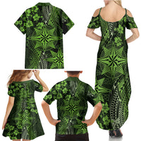 Vintage Tonga Tribal Ngatu Pattern Family Matching Summer Maxi Dress and Hawaiian Shirt With Pacific Floral Lime Green Art LT9 - Polynesian Pride