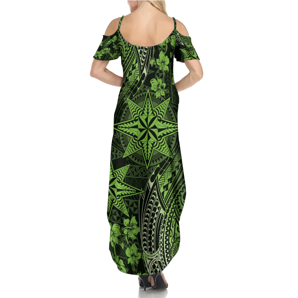Vintage Tonga Tribal Ngatu Pattern Family Matching Summer Maxi Dress and Hawaiian Shirt With Pacific Floral Lime Green Art LT9 - Polynesian Pride