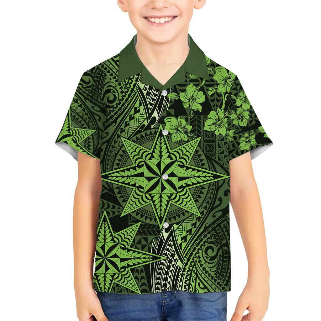 Vintage Tonga Tribal Ngatu Pattern Family Matching Summer Maxi Dress and Hawaiian Shirt With Pacific Floral Lime Green Art LT9 Son's Shirt Lime Green - Polynesian Pride