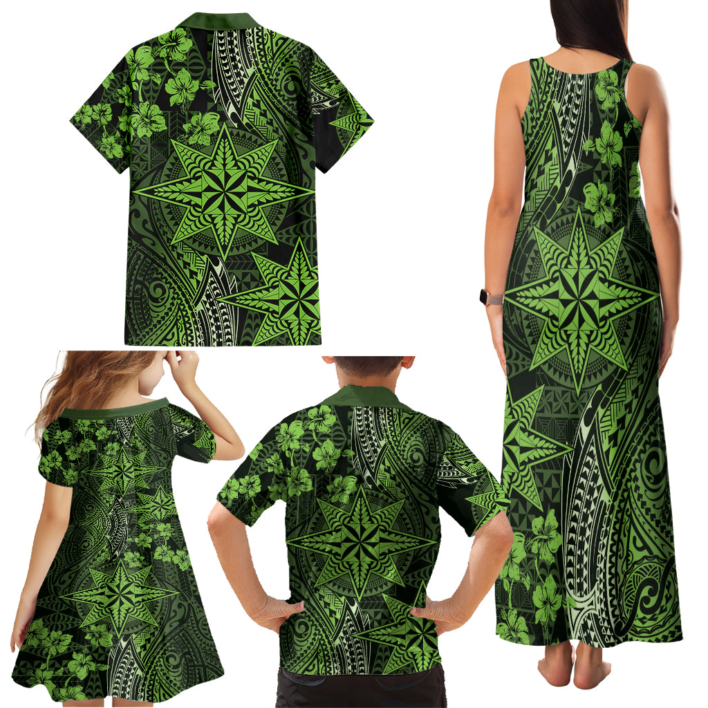 Vintage Tonga Tribal Ngatu Pattern Family Matching Tank Maxi Dress and Hawaiian Shirt With Pacific Floral Lime Green Art LT9 - Polynesian Pride