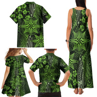 Vintage Tonga Tribal Ngatu Pattern Family Matching Tank Maxi Dress and Hawaiian Shirt With Pacific Floral Lime Green Art LT9 - Polynesian Pride