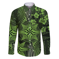 Vintage Tonga Tribal Ngatu Pattern Family Matching Tank Maxi Dress and Hawaiian Shirt With Pacific Floral Lime Green Art LT9 Dad's Shirt - Long Sleeve Lime Green - Polynesian Pride