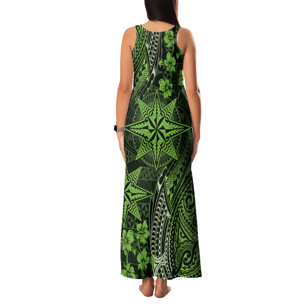 Vintage Tonga Tribal Ngatu Pattern Family Matching Tank Maxi Dress and Hawaiian Shirt With Pacific Floral Lime Green Art LT9 - Polynesian Pride